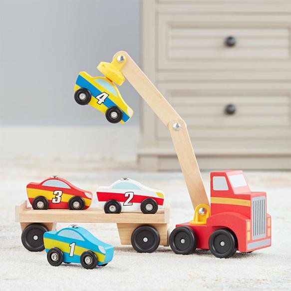 Wooden toy double-layer engineering vehicle, wooden children's simulation bulldozer, transport truck, puzzle toy