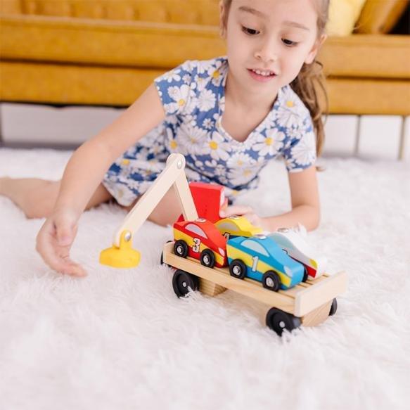Wooden toy double-layer engineering vehicle, wooden children's simulation bulldozer, transport truck, puzzle toy