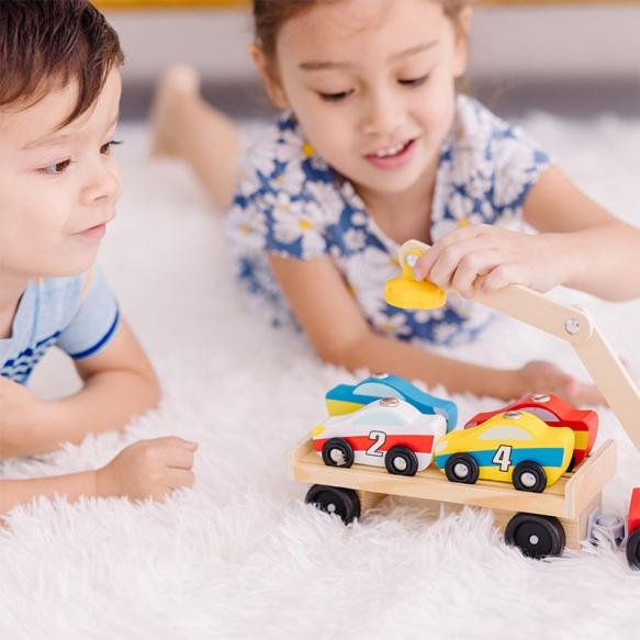 Wooden toy double-layer engineering vehicle, wooden children's simulation bulldozer, transport truck, puzzle toy