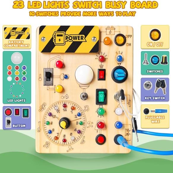 Montessori Wooden Children's Busy Board Toy with Shape Sorting Machine and LED Lights