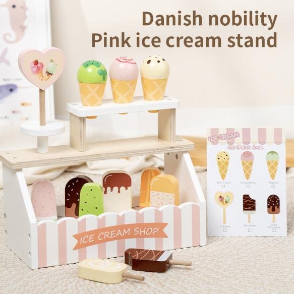 Children's wooden role-playing simulation toy, Danish noble ice cream stand, educational pretend activity, children's learning toy