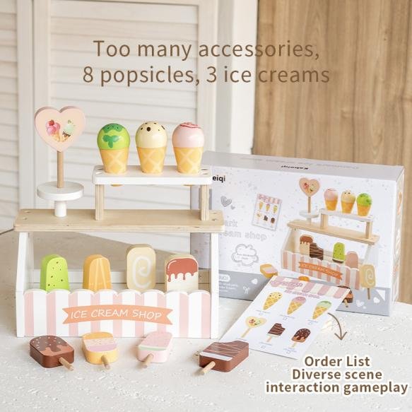 Children's wooden role-playing simulation toy, Danish noble ice cream stand, educational pretend activity, children's learning toy