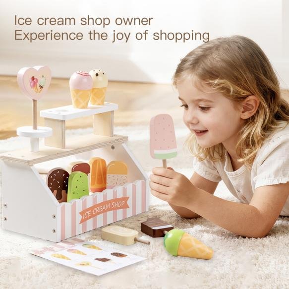 Children's wooden role-playing simulation toy, Danish noble ice cream stand, educational pretend activity, children's learning toy