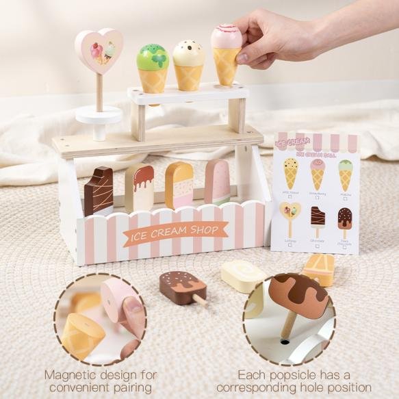 Children's wooden role-playing simulation toy, Danish noble ice cream stand, educational pretend activity, children's learning toy