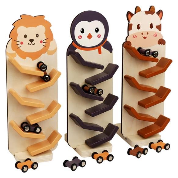 Children's educational scooter with cartoon animals, wooden baby car toy